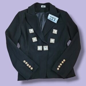 All Things Cherish Black Blazer Jacket w/ Crystal Rhinestone Buttons Medium